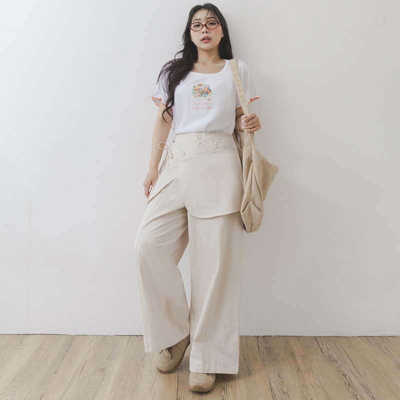 Layered Twill Plus Size Wide-Leg Pants (with Skirt Panel)