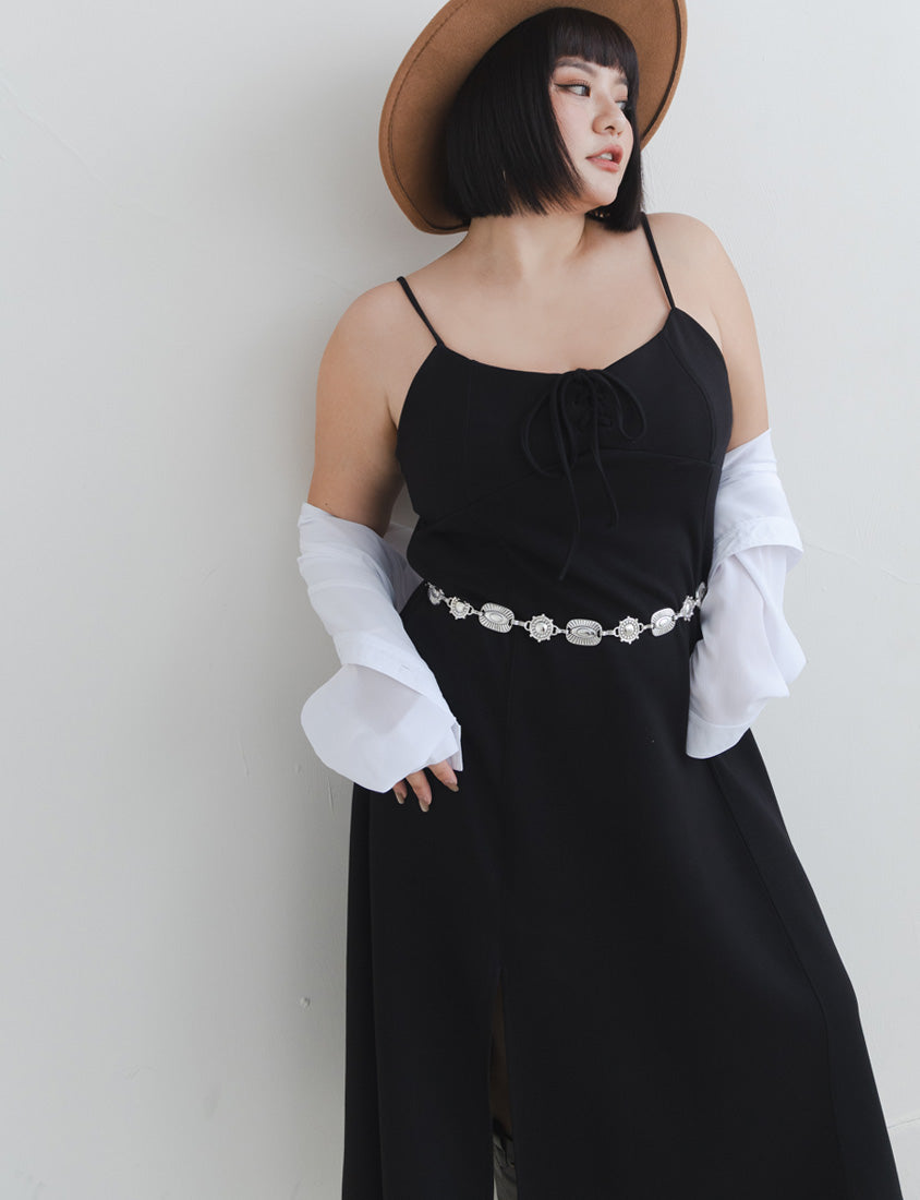 MUA! Space Cotton Adjustable Front Tie Side Slit Plus-Size Dress