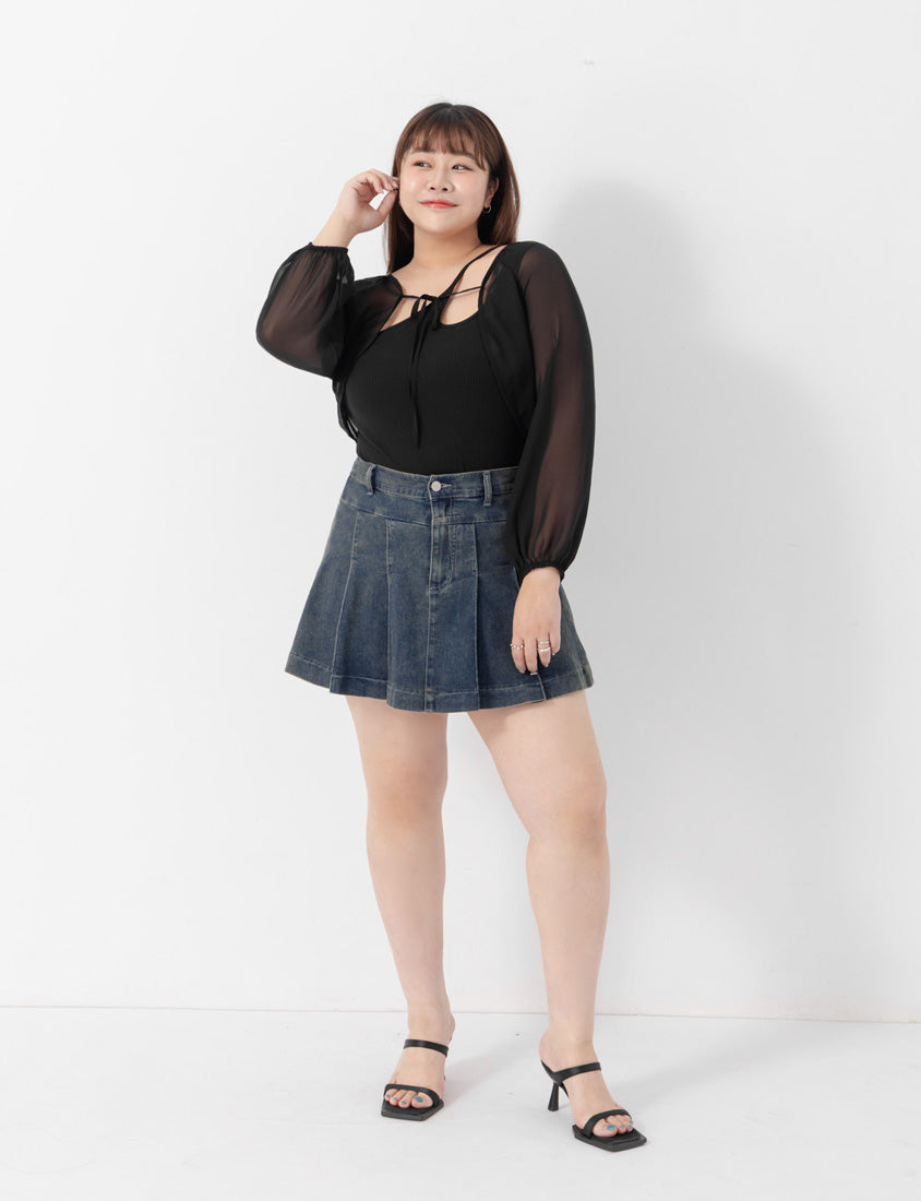 Japanese Style Puff Sleeve Tie Sheer Cropped Plus Size Cover-Up