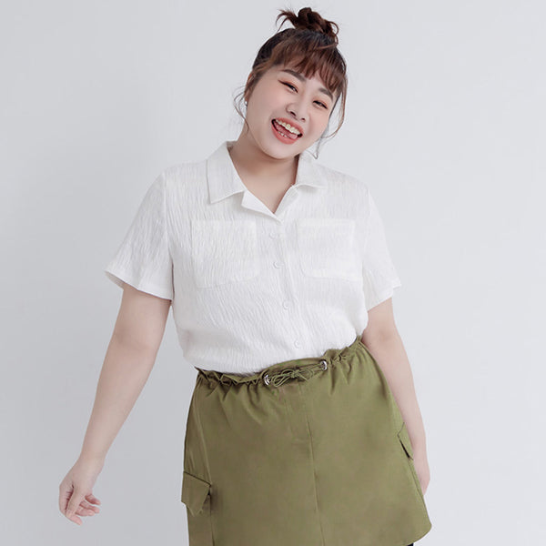 Cuban Collar Crinkled Texture Large Pocket Plus Size Shirt