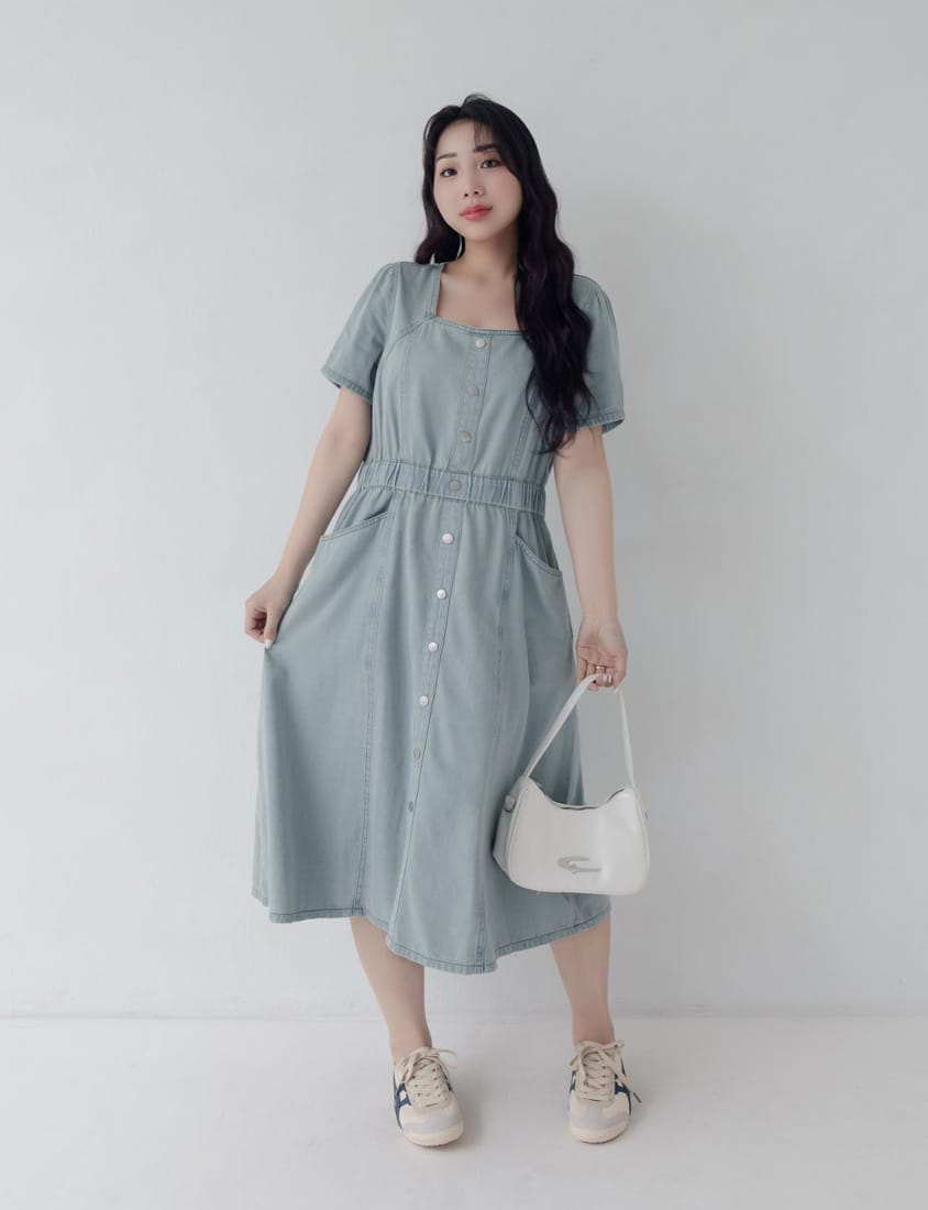 Square Neck Faux Button Elastic Waist Plus Size Denim Maxi Dress
