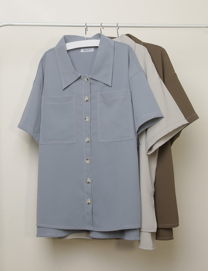 Color-Block Stitched Large Pocket Plus Size Short Sleeve Shirt