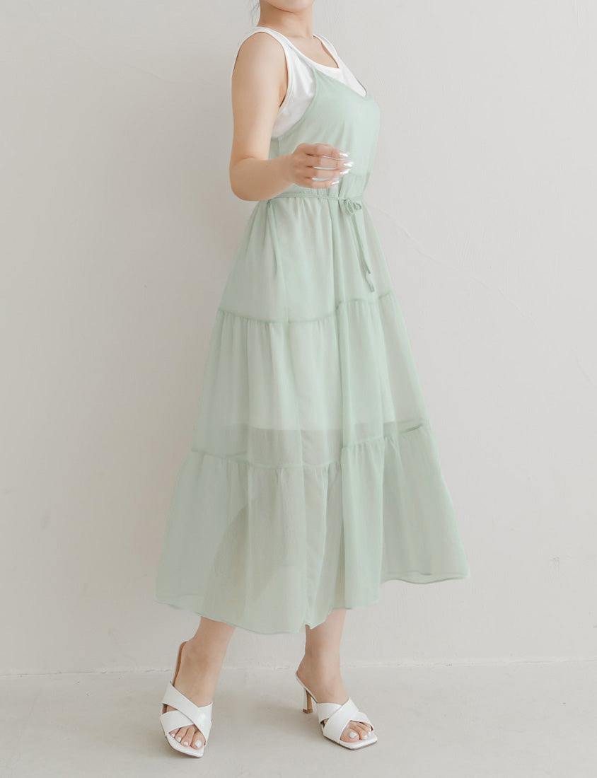 Two Piece Sheer Crinkled Tiered Plus Size Maxi Dress (with Inner Tank)