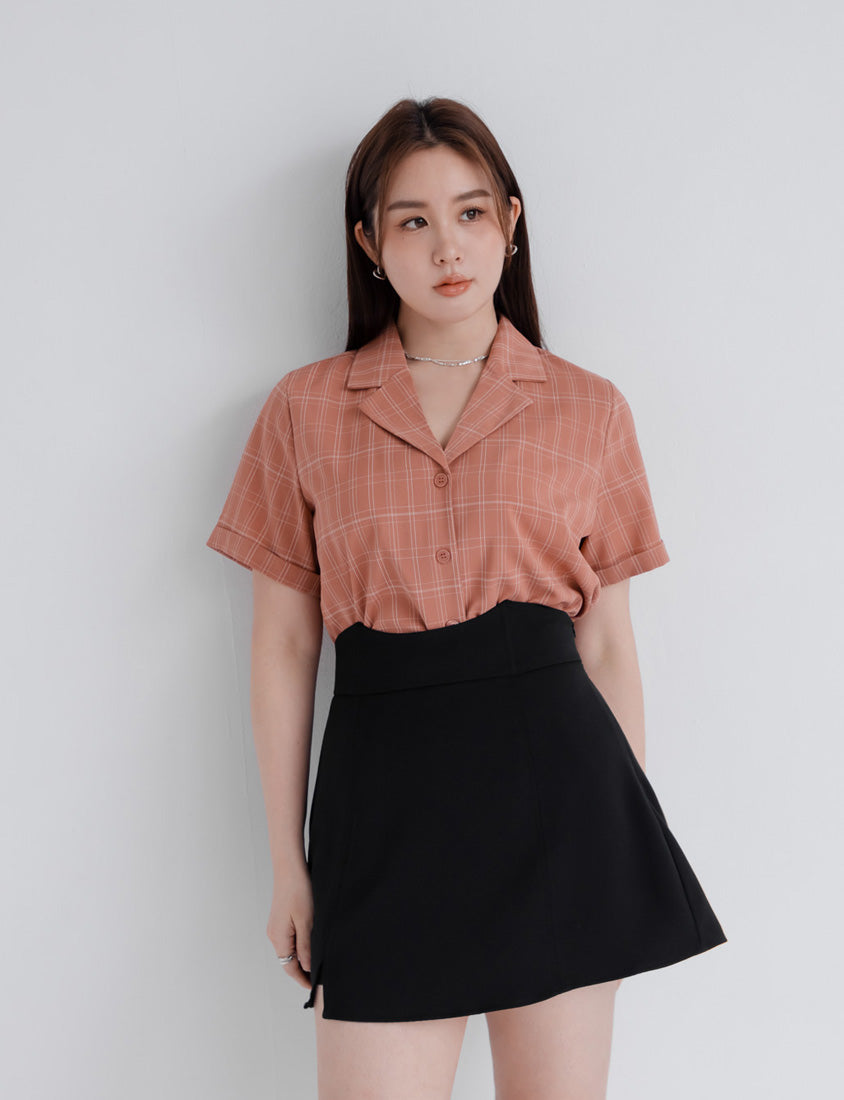 MISS. Cuban Collar Plaid Cuffed Plus Size Short Sleeve Shirt