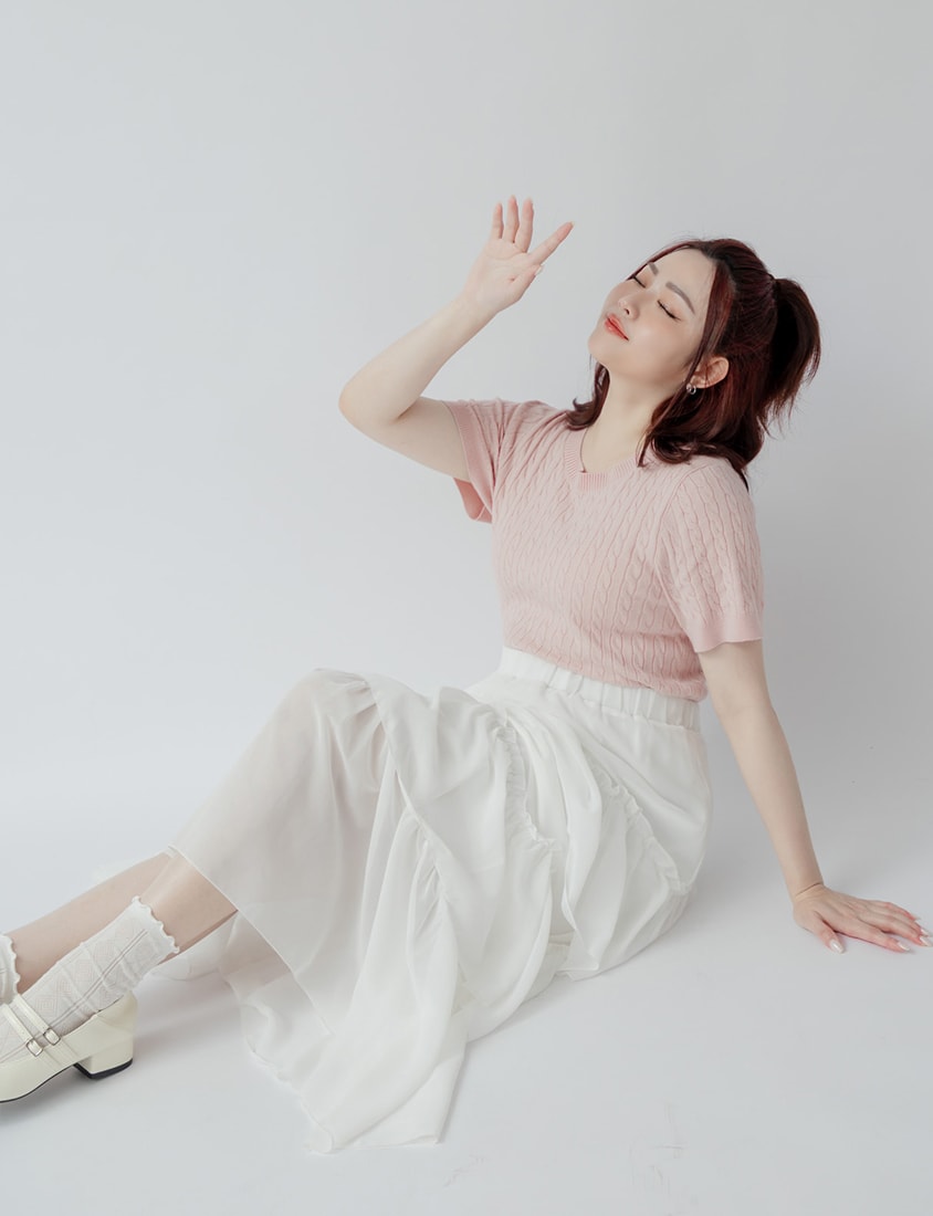 Crewneck Cable Knit Short Sleeve Top