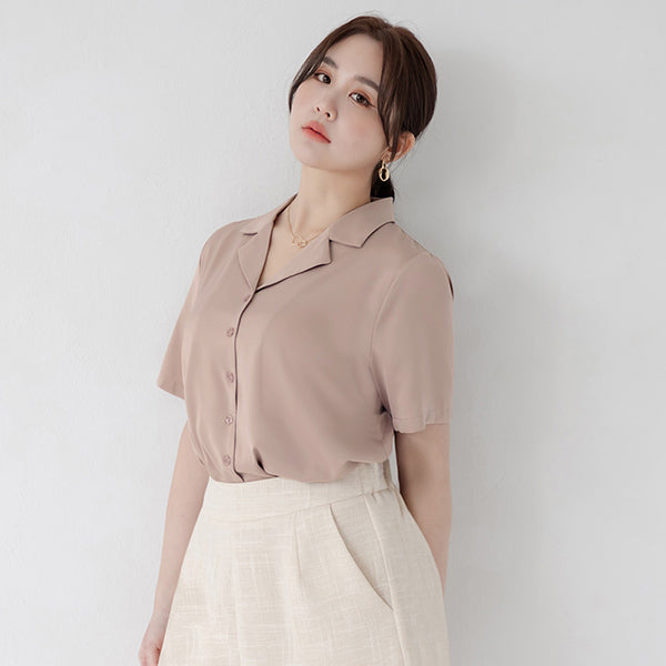 MISS. Glossy Satin Cuban Collar Plus Size Shirt With Floral Buttons