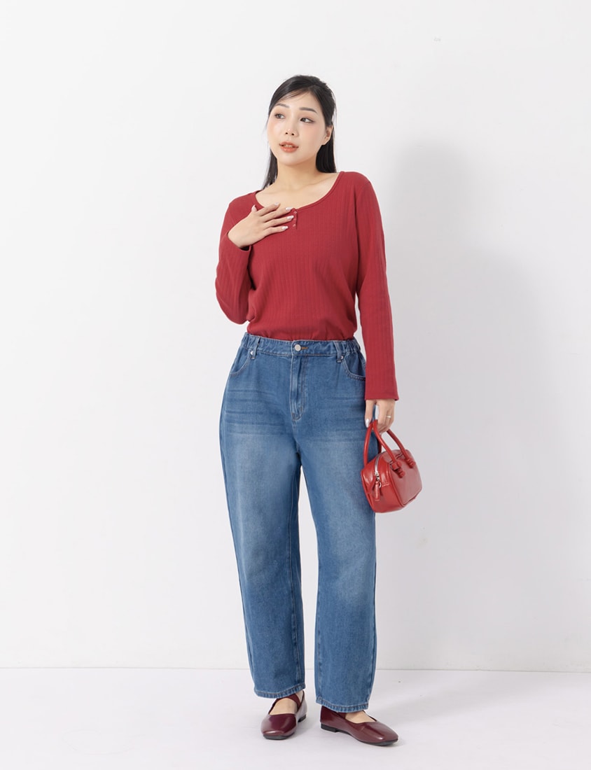 Jacquard Ribbed Button-Front Plus Size Crewneck Top