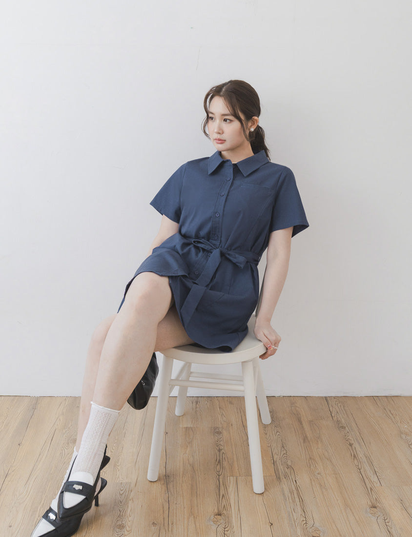 MISS. Korean-Style Button-Front Contrast Stitch Plus Size Dress (with Waist Tie)
