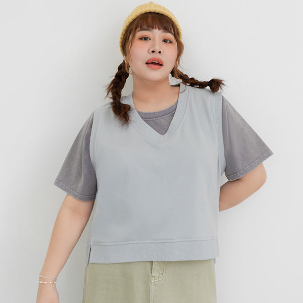 Sweet Versatile V-Neck Cotton Side Slit Plus Size Vest