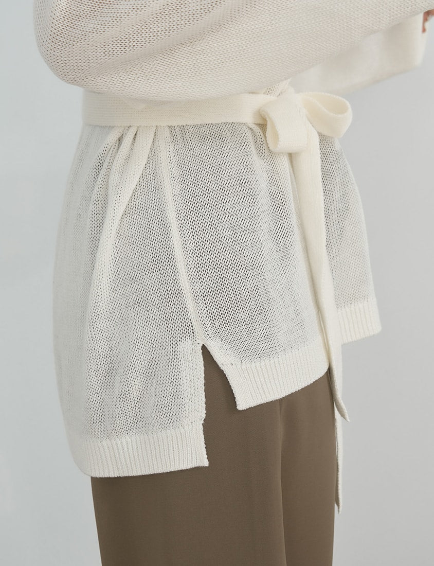 MISS. Korean Sheer Knit Plus Size Long Sleeve Top (with Waist Tie)