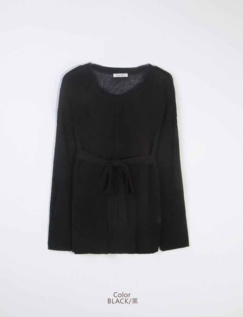 MISS. Korean Sheer Knit Plus Size Long Sleeve Top (with Waist Tie)