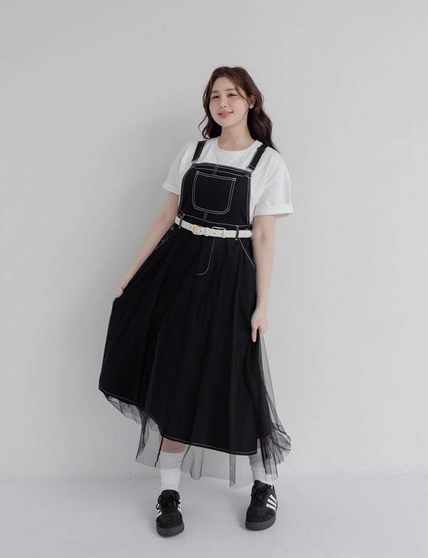 Sweet Adjustable Twill Strap Tulle Panel Plus Size Dress