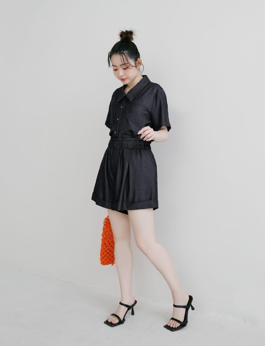 Korean-Style Faux Denim Bubble Hem Plus Size Shorts