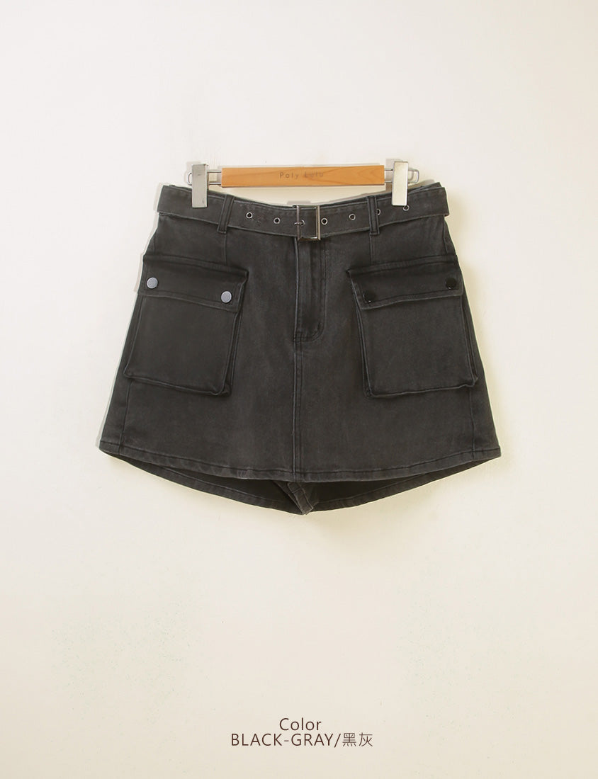 MUA! Washed Denim Plus Size Utility Skort with Belt