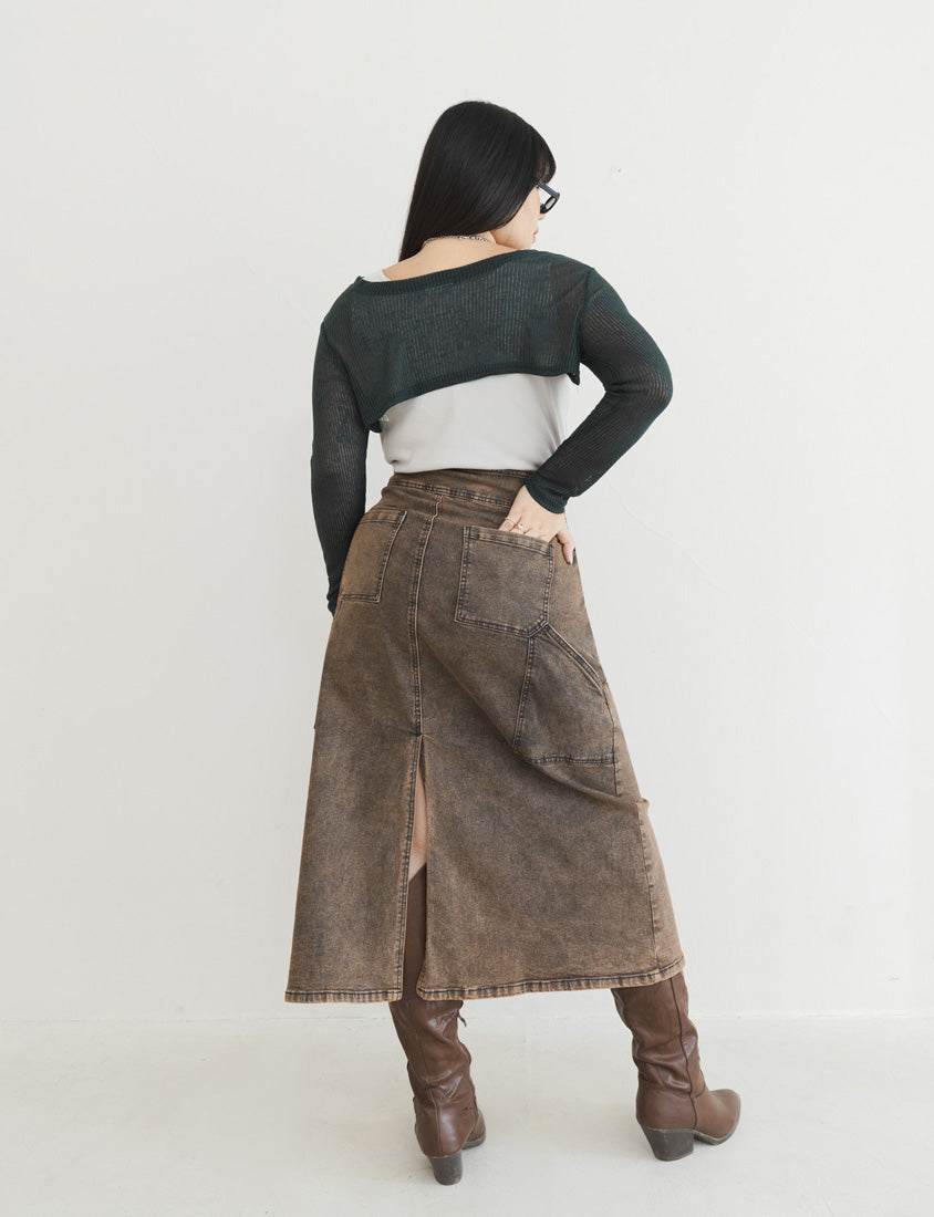 MUA! Ultra-Stretch Back Slit High-Waist Washed Denim Plus Size Maxi Skirt