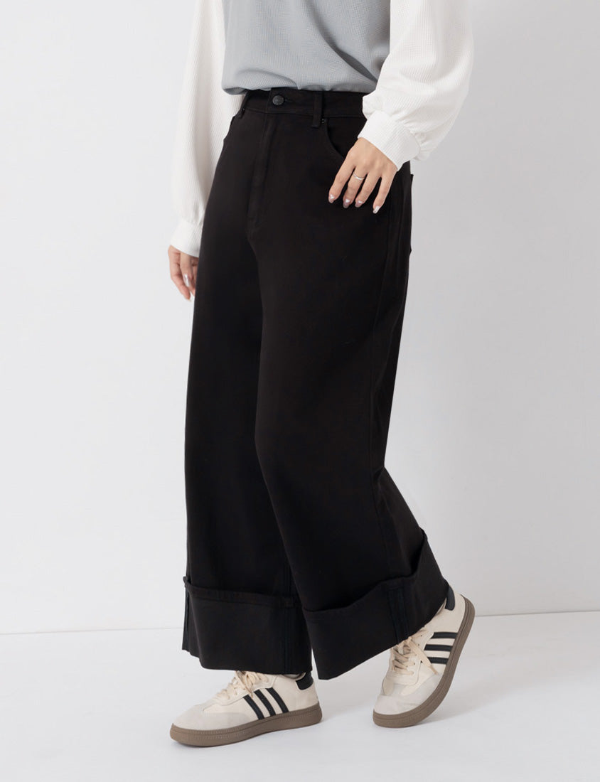 Japanese Style Large Cuffs A-Line Plus Size Denim Wide Leg Pants