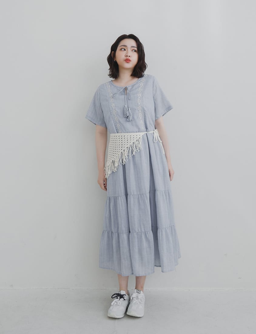 Boho Jacquard Embroidered Plus-Size Maxi Dress (with Waist Tie)