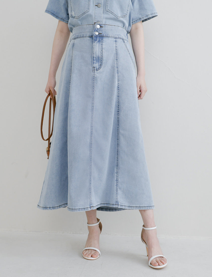 Lyocell Silky Denim Elastic Back Flare Plus Size Maxi Skirt