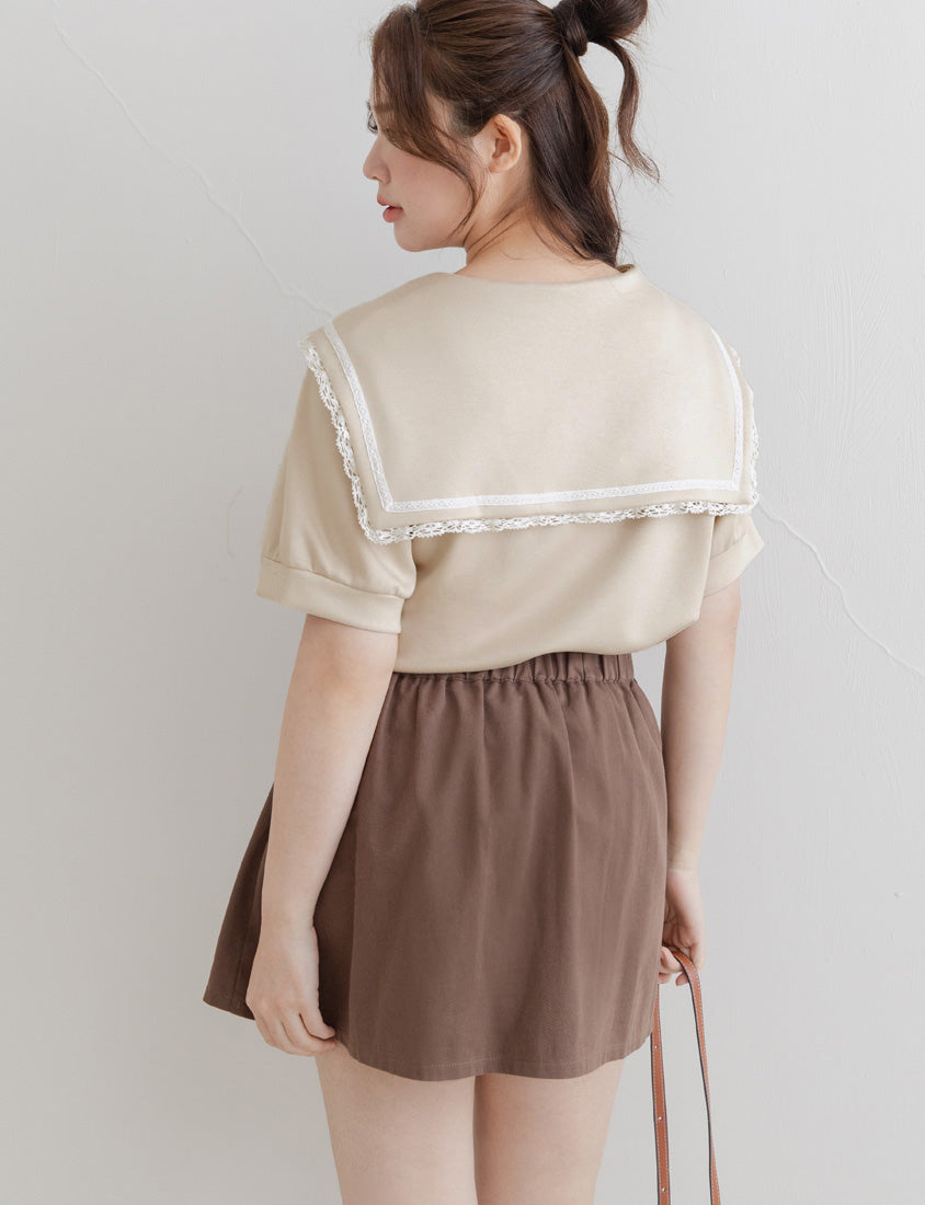 Space Cotton Sailor Collar Plus Size Lace Top