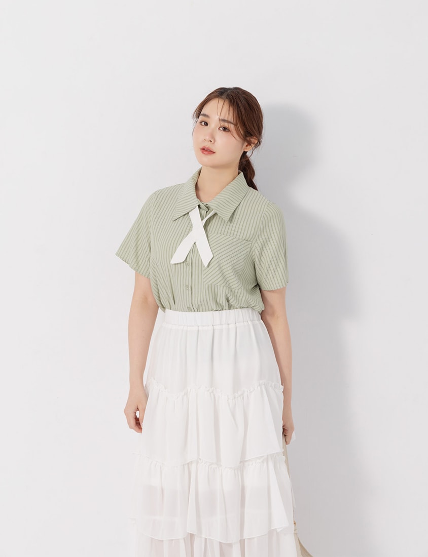 MISS. Preppy Contrast Stripe Plus Size Short Sleeve Shirt (With Neck Tie)