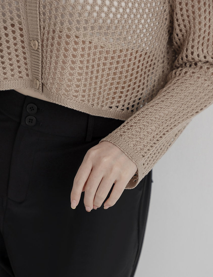Knit Eyelet Hollow Faux Button Plus Size Top