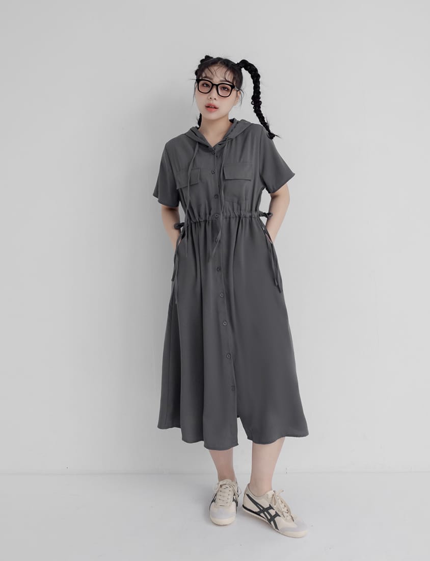 Cargo Hooded Button-Up Plus Size Maxi Dress