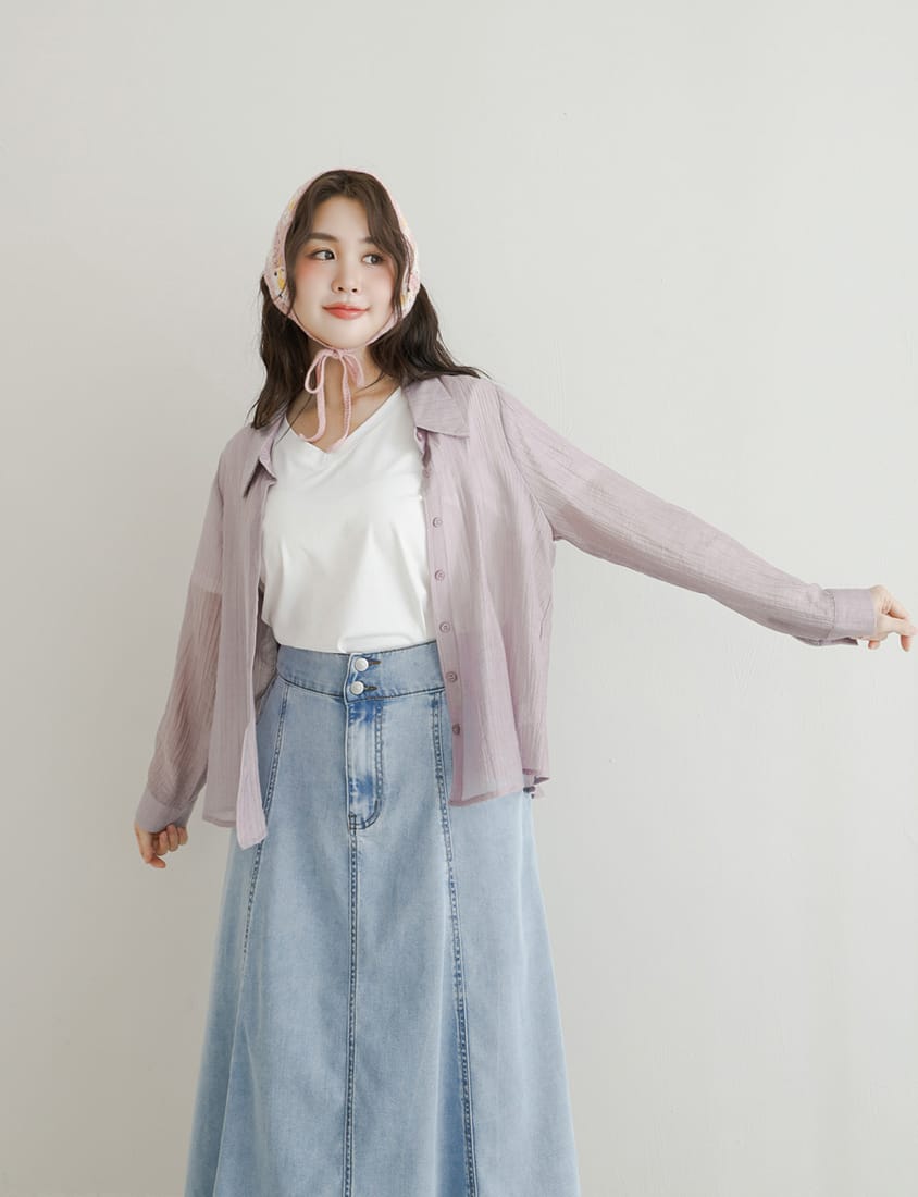 Crinkled Texture Sheer Tie-Back Plus Size Long Sleeve Shirt
