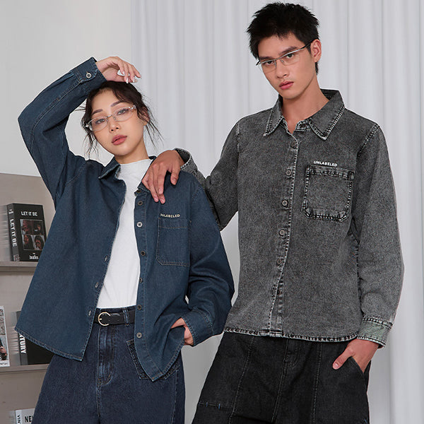 Washed Graphic Oversized Denim Plus Size Long Sleeve Shirt (Unisex)