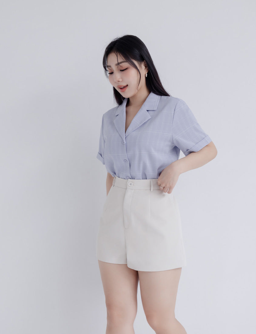 MISS. Cuban Collar Plaid Cuffed Plus Size Short Sleeve Shirt