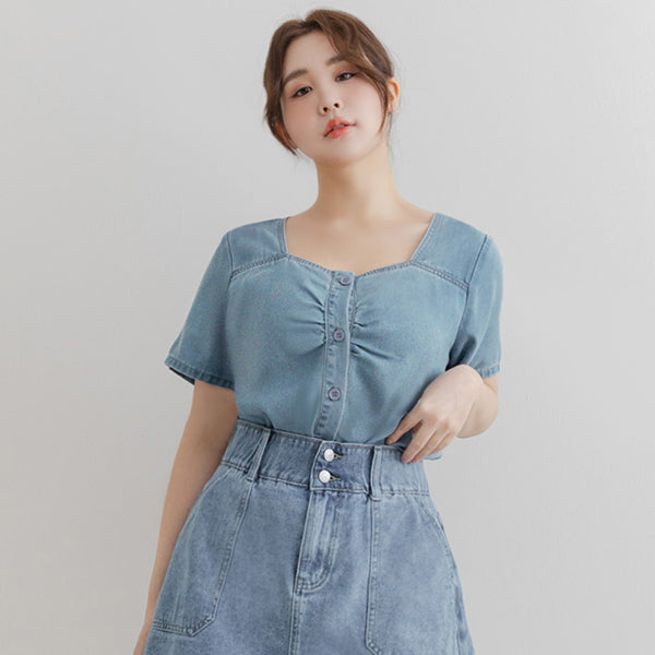 Front Ruched Button-Up Plus Size Denim Top