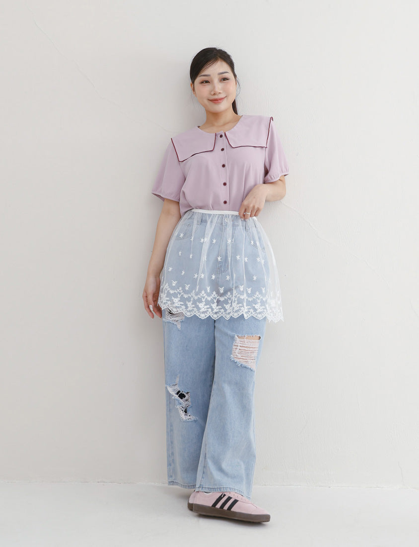 Sweet Contrast Lapel Collar Plus Size Shirt