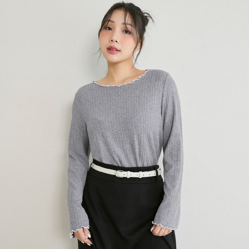 Contrast Lettuce-Edge Jacquard Plus Size Long Sleeve Top