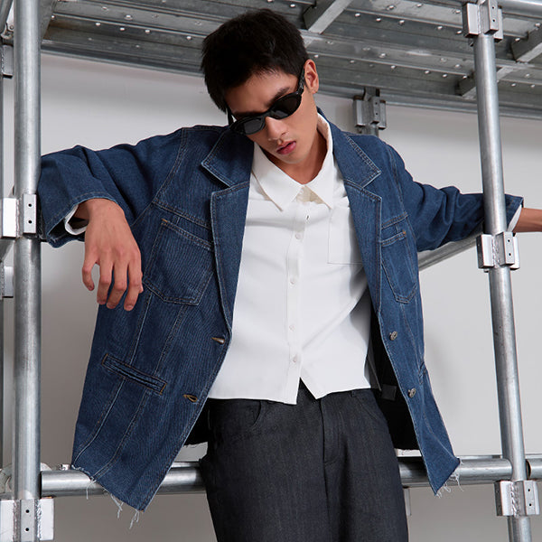 Vintage Washed Denim Plus Size Blazer (Unisex)