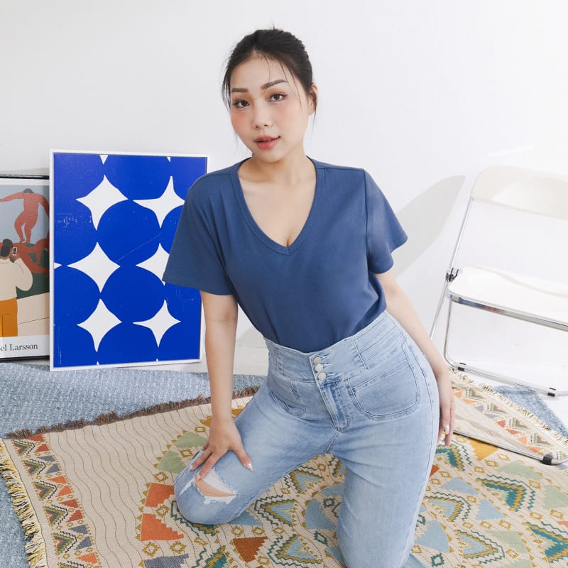 V-Neck Multicolor Plus Size Comfy Slim Tee