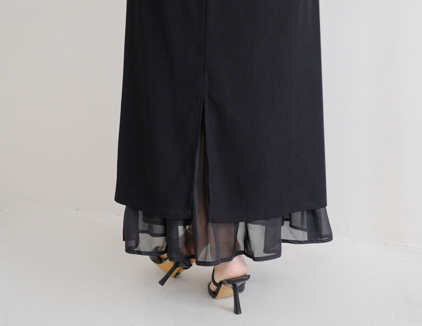 MISS. Back Elastic Waist Slit Multi-Layered Plus Size Maxi Skirt