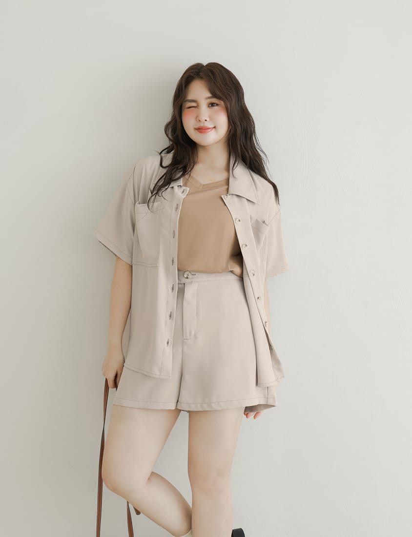 Color-Block Stitched Large Pocket Plus Size Short Sleeve Shirt