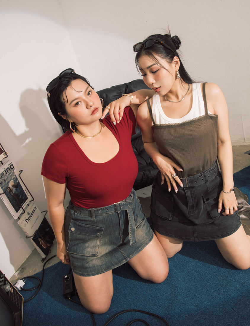 MUA! Washed Denim Plus Size Utility Skort with Belt