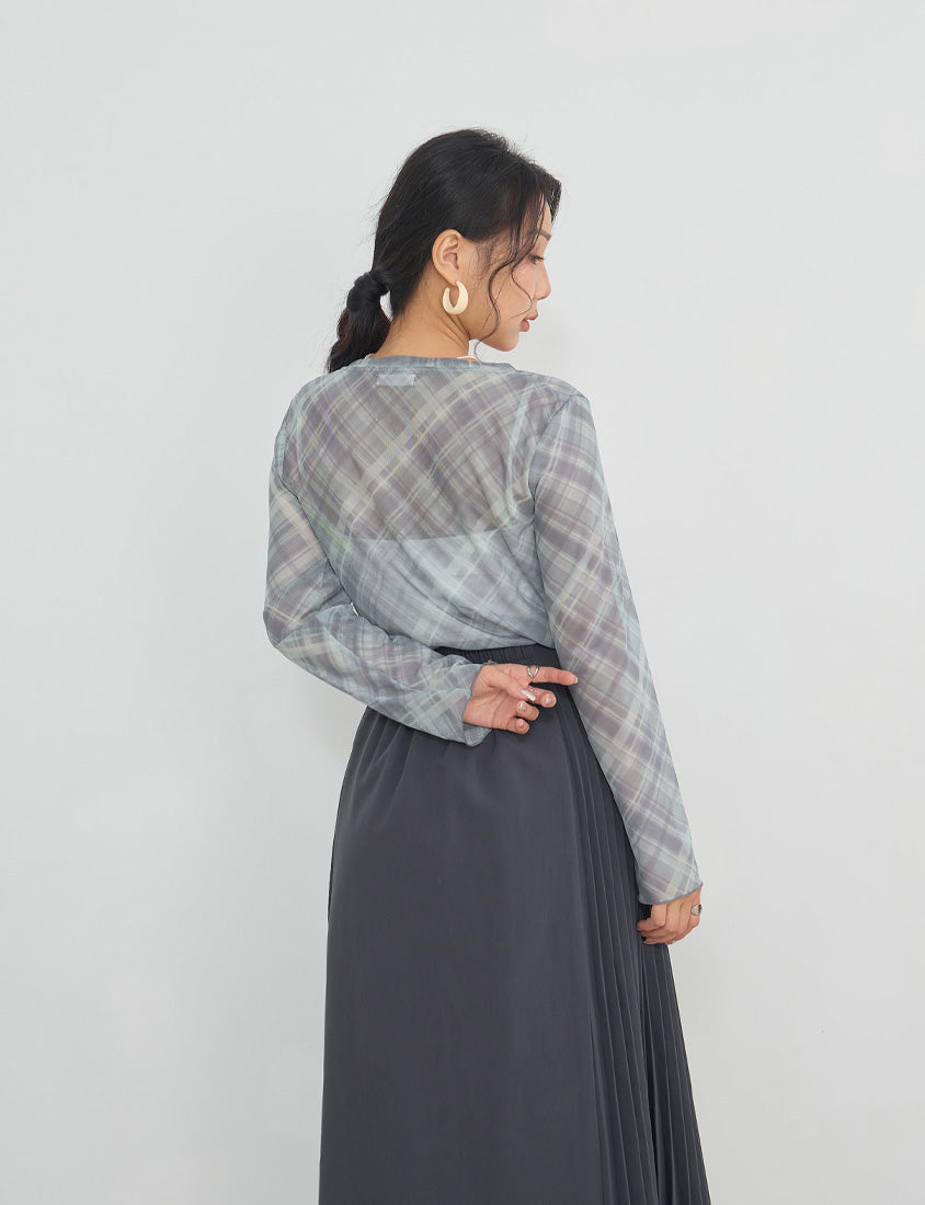 MISS. Vintage Sheer Checkered Plus Size Long Sleeve Top