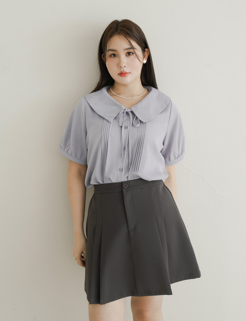 MISS. Sweet Pleated Lapel Collar Plus Size Puff Sleeve Blouse