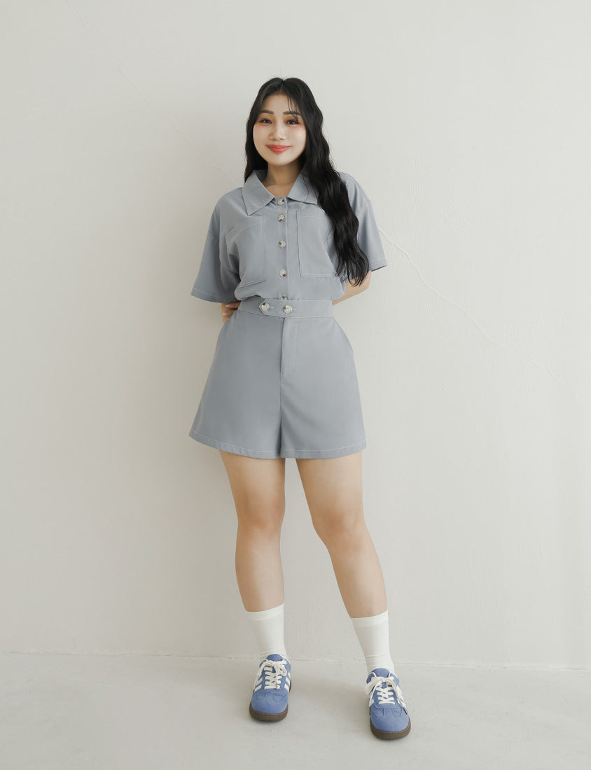 Color-Block Stitching Waistband Twill Plus Size Shorts
