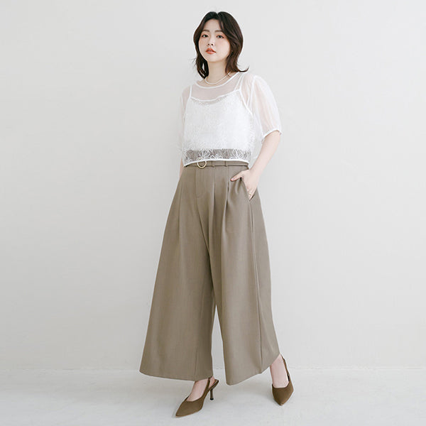 MISS. High-Waisted Bubble Hem Wrinkle-Free Belted Plus Size Wide-Leg Pants