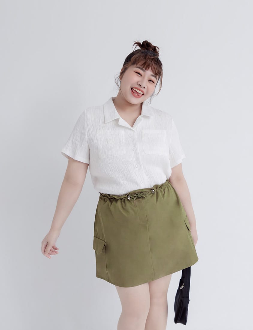 Sweet & Edgy Drawstring Cargo Plus Size Mini Skirt (With Inner Shorts)