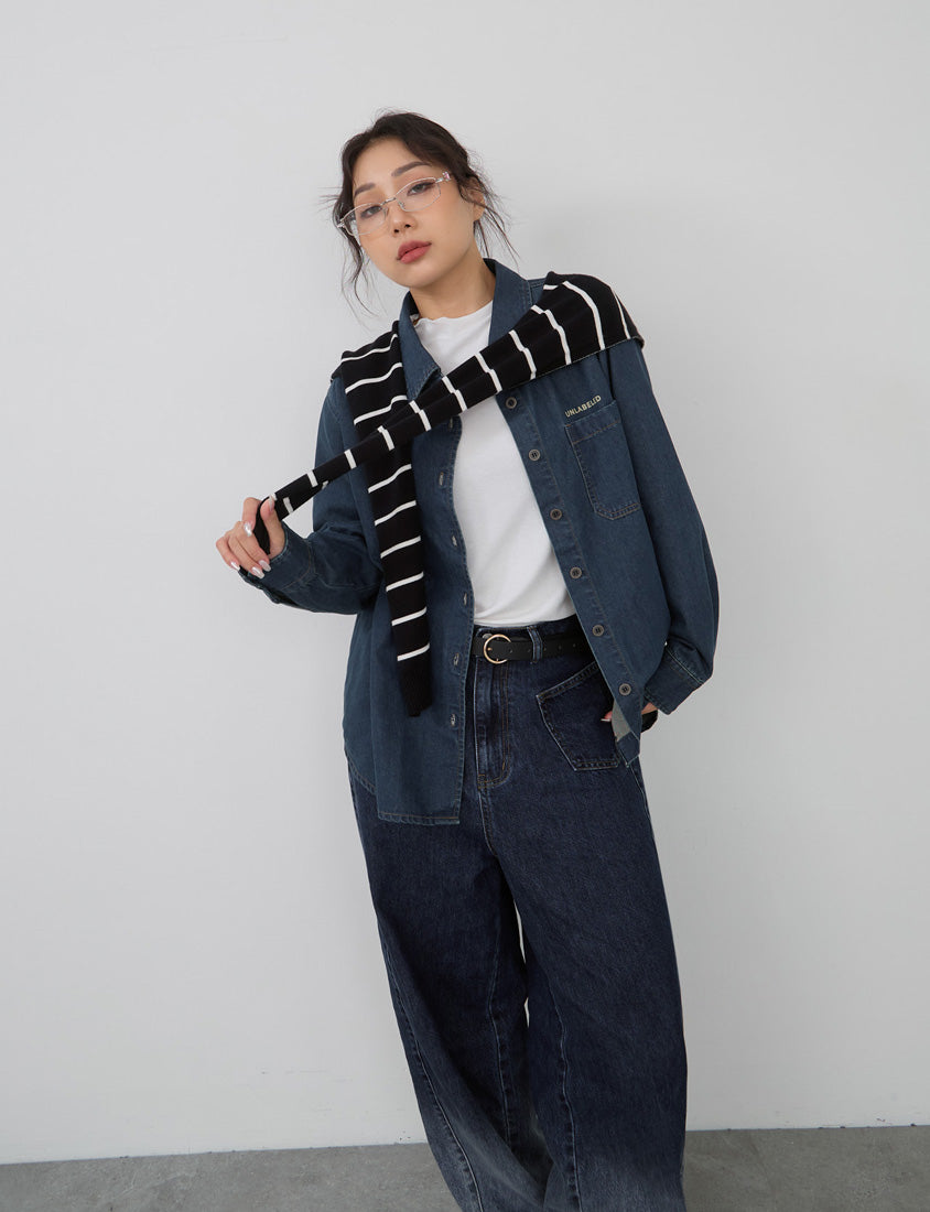 Washed Graphic Oversized Denim Plus Size Long Sleeve Shirt (Unisex)