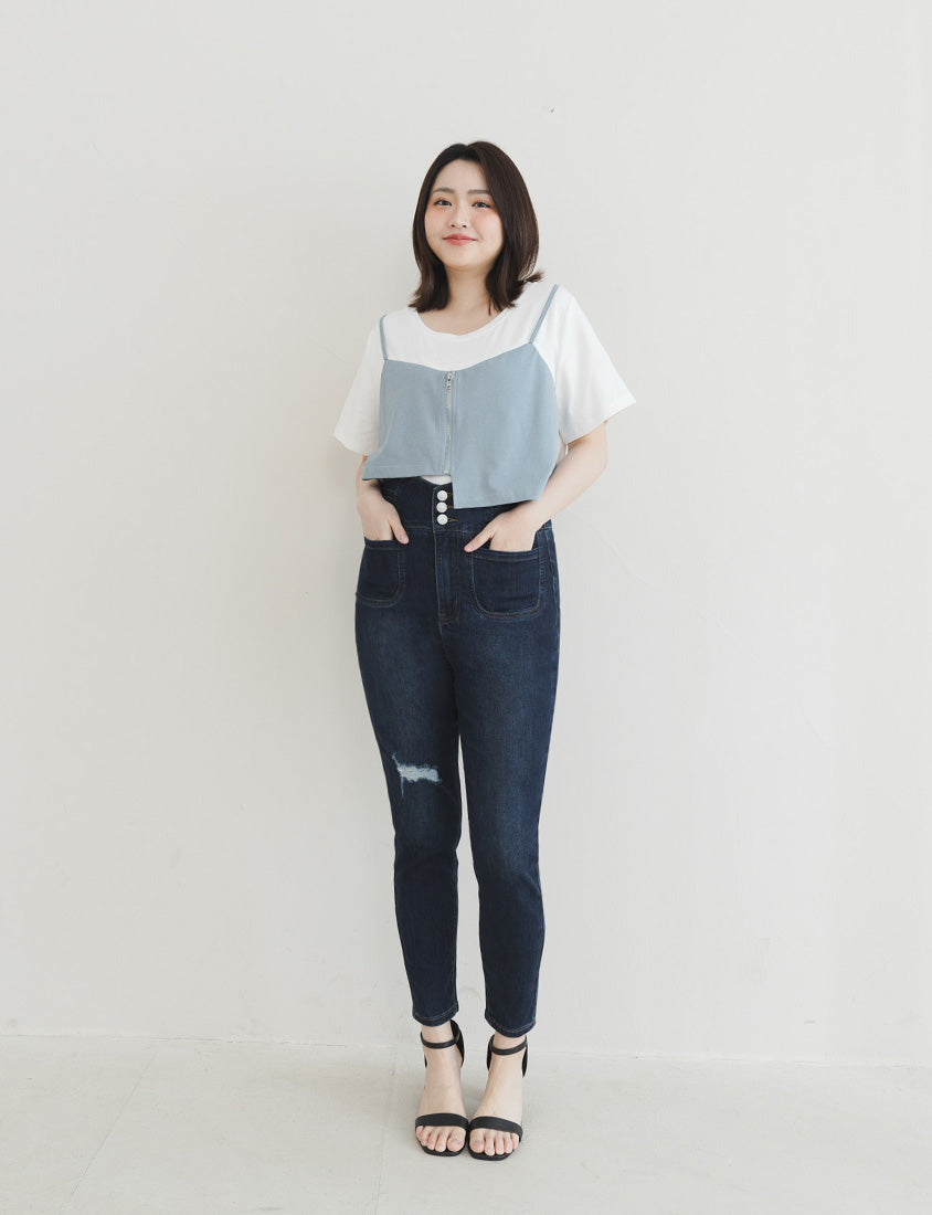 Asymmetric Front Zip Plus Size Layered Tee