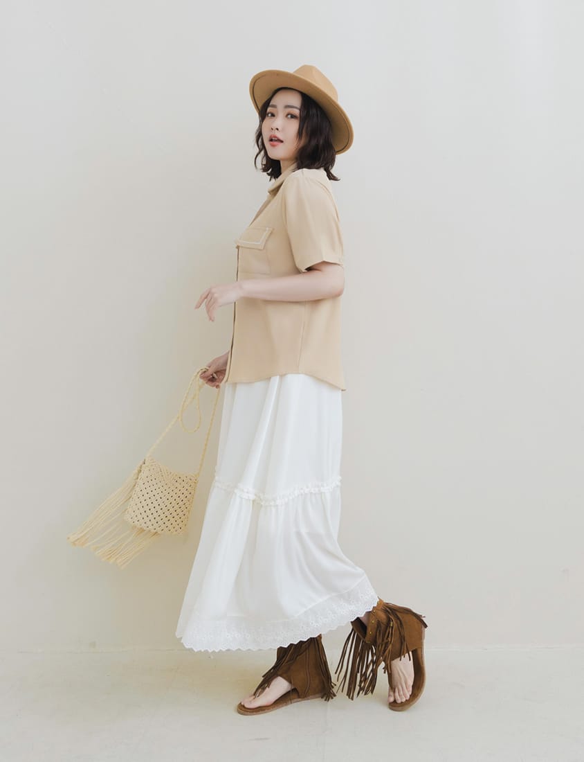 Korean Style Flowy Lace Trim Tiered Plus Size Maxi Skirt