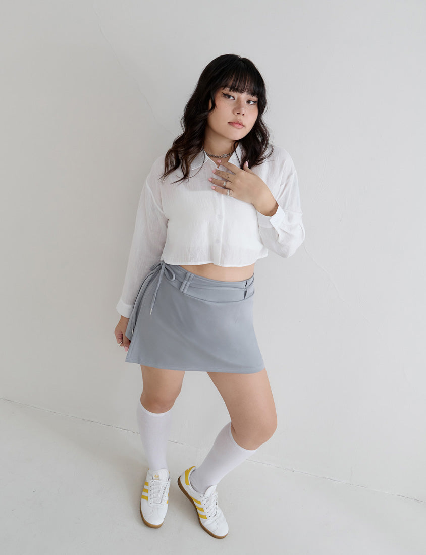 MUA! Cloud Cotton Pleated Slit Plus Size Mini Skirt (With Tie)