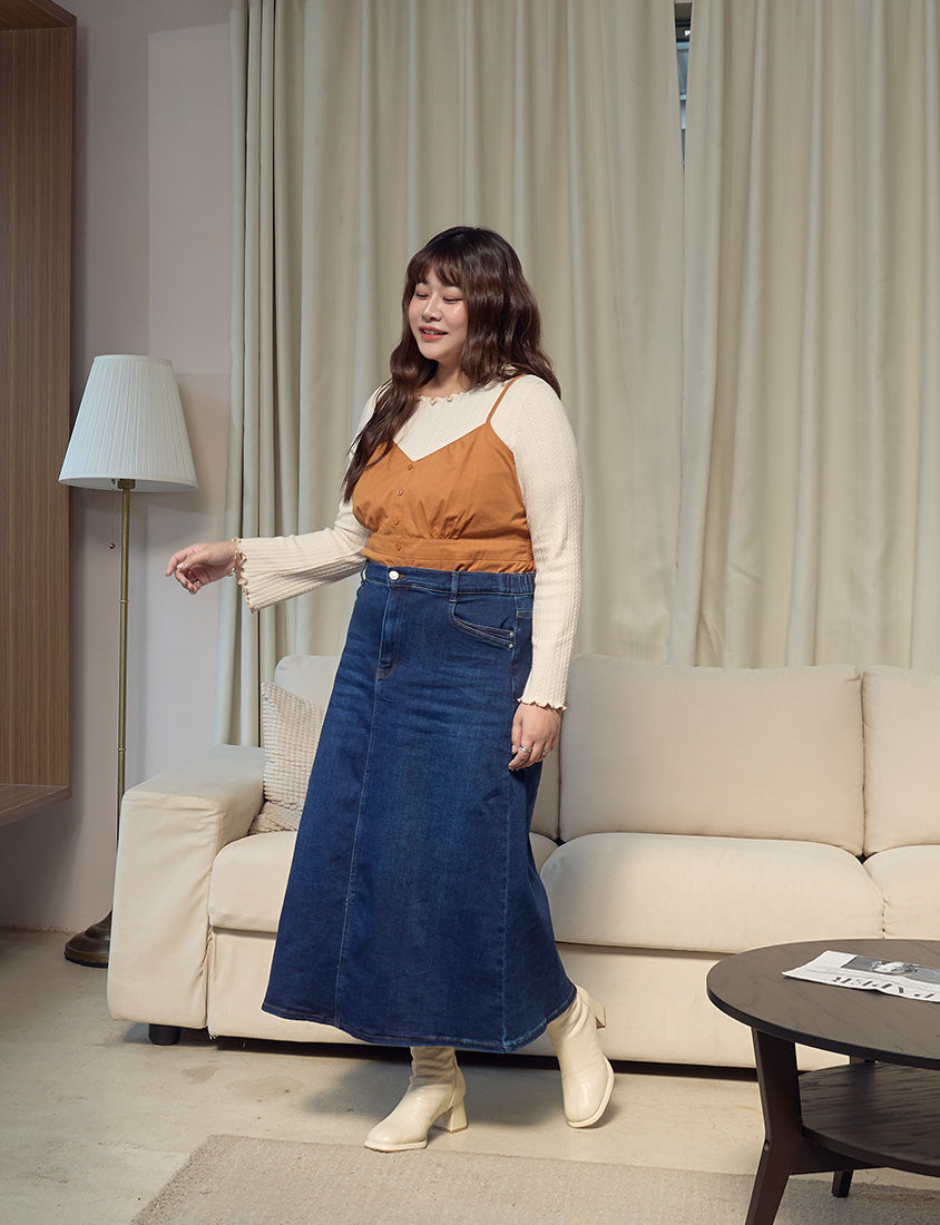 Apple-Shaped Friendly! Perfect Fit Back Slit Plus Size Denim Maxi Skirt