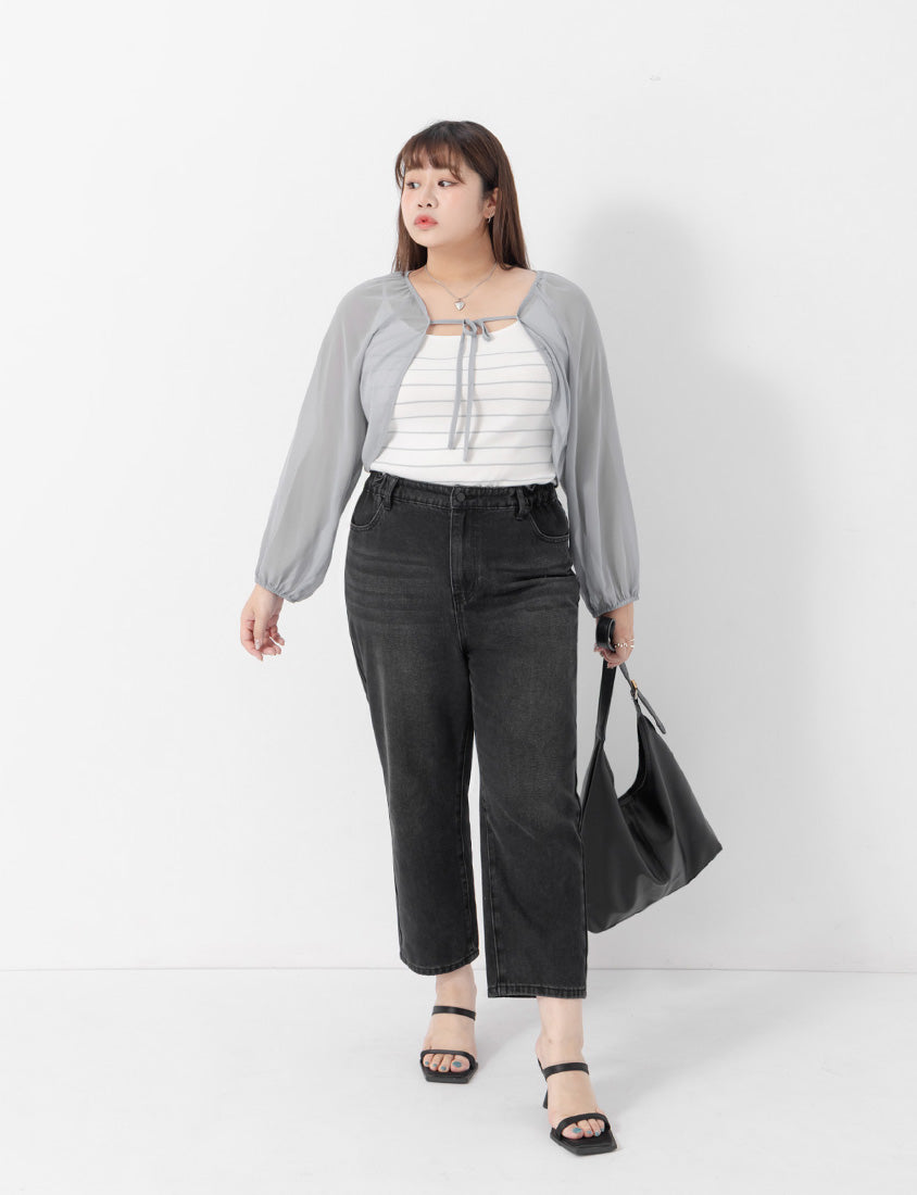 Japanese Style Puff Sleeve Tie Sheer Cropped Plus Size Cover-Up