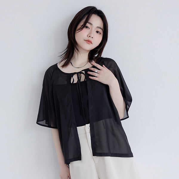 MISS. Faux Two-Piece Sheer Front-Tie Plus Size Top