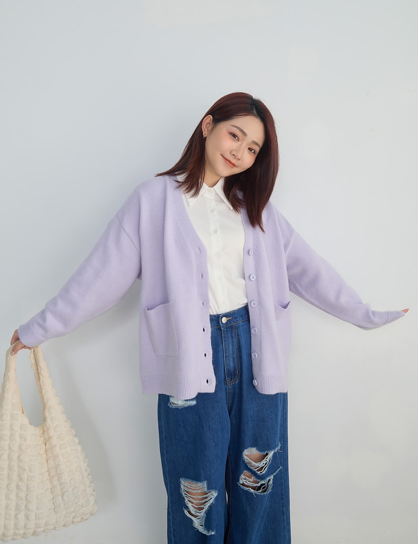 Classic V-Neck Multicolor Longline Plus Size Knit Cardigan